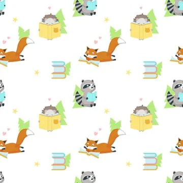 Vector seamless pattern with cute squirrel and bunny reading books. Funny Stock Illustration
