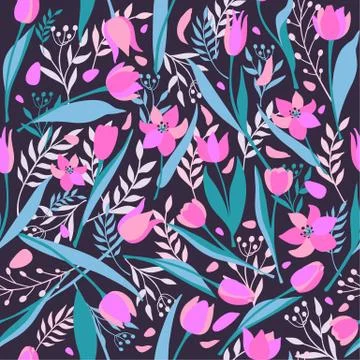 Vector seamless pattern of cute stylish tulips. Spring illustration. Stock Illustration