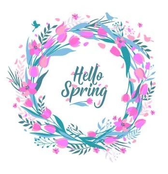 Vector seamless pattern of cute stylish tulips. Wreath illustration hello spring Stock Illustration