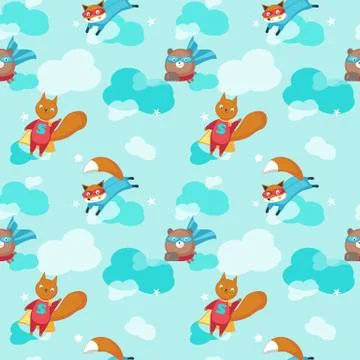 Vector seamless pattern with cute superhero animals Stock Illustration