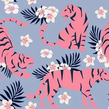 Vector seamless pattern with cute tigers on background. Circus animal show. F Stock Illustration