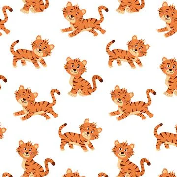 Vector seamless pattern with cute tigers Stock Illustration