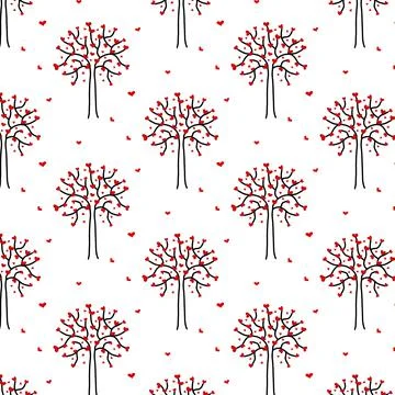 Vector seamless pattern with cute trees and hearts Stock Illustration