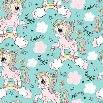 Vector seamless pattern with cute unicorn on a rainbow Stock Illustration
