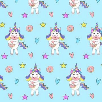 Vector seamless pattern with cute unicorn, donut, stars and hearts. Stock Illustration