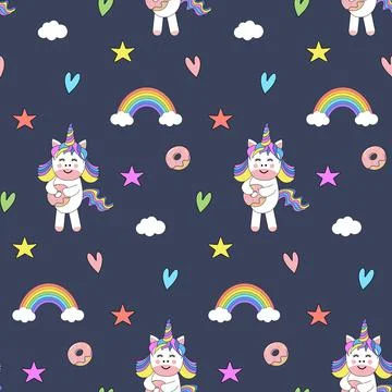 Vector seamless pattern with cute unicorn, donut, star, hearts, rainbow and c 스톡 일러스트