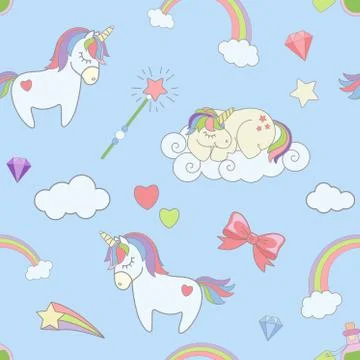 Vector seamless pattern with cute unicorns, rainbow clouds, magicsticks and Illustrazione stock