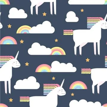 Vector seamless pattern with cute unicorns Stock Illustration
