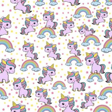 Vector seamless pattern with cute unicorns, clouds,rainbow and stars. Magic b Stock Illustration