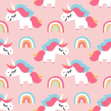 Vector seamless pattern with cute unicorns and rainbows on pink background Stock Illustration