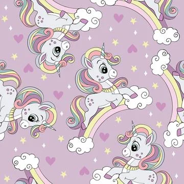 Vector seamless pattern with cute unicorns on a rainbow purple Stock Illustration
