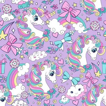 Vector seamless pattern with cute unicorns and magic elements Stock Illustration