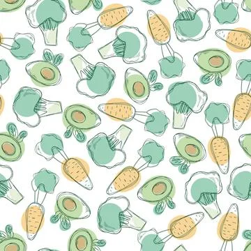 Vector seamless pattern with cute vegetables on white background, avocado, br Stock Illustration