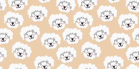 Vector seamless pattern with cute white dog faces. Dog pattern on beige Stock Illustration