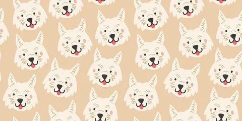 Vector seamless pattern with cute white dog faces. Dog pattern on beige Stock Illustration