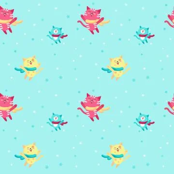 Vector seamless pattern with cute winter cats Stock Illustration