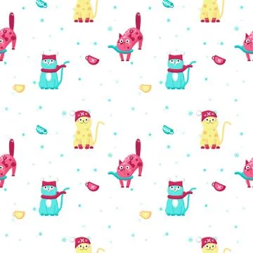 Vector seamless pattern with cute winter cats Stock Illustration