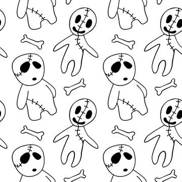 Vector seamless pattern with cute zombies in cartoon style. Outline doodle il Illustrazione stock