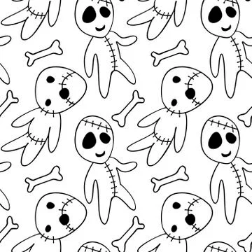 Vector seamless pattern with cute zombies in cartoon style. Outline doodle il Illustrazione stock