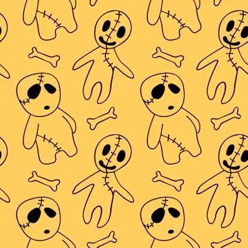 Vector seamless pattern with cute zombies in cartoon style. Outline doodle il Illustrazione stock