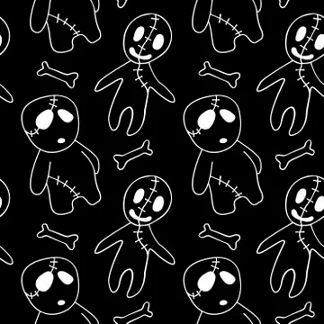 Vector seamless pattern with cute zombies in cartoon style. Outline doodle il Stock Illustration