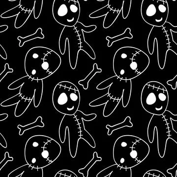 Vector seamless pattern with cute zombies in cartoon style. Outline doodle il Stock Illustration