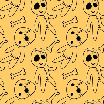 Vector seamless pattern with cute zombies in cartoon style. Outline doodle il Illustrazione stock