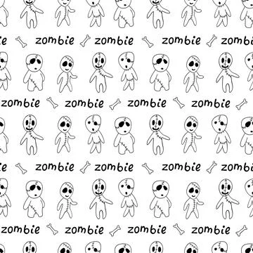 Vector seamless pattern with cute zombies in cartoon style. Outline doodle il Illustrazione stock