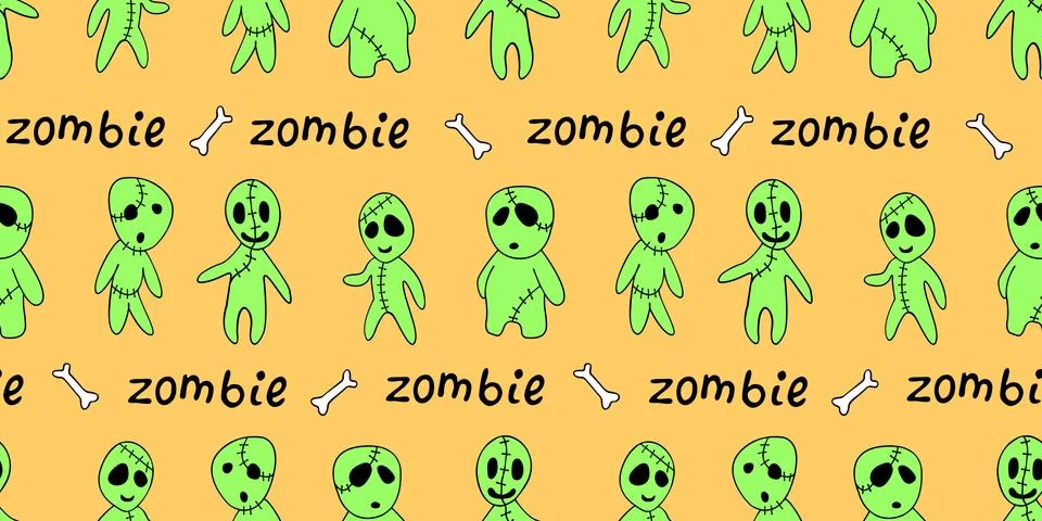Vector seamless pattern with cute zombies in cartoon style. Outline doodle il Illustrazione stock