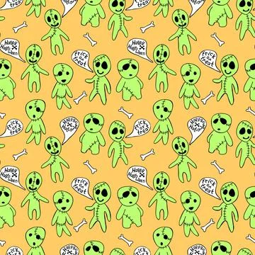 Vector seamless pattern with cute zombies in cartoon style. Outline doodle il Illustrazione stock