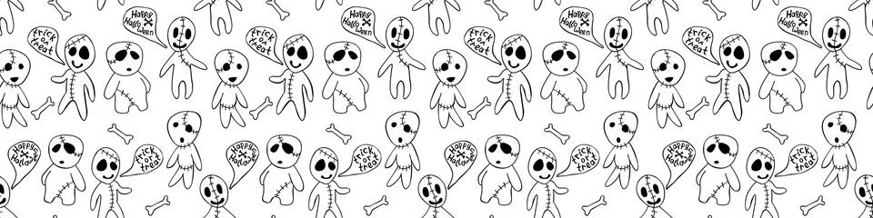 Vector seamless pattern with cute zombies in cartoon style. Outline doodle il Illustrazione stock
