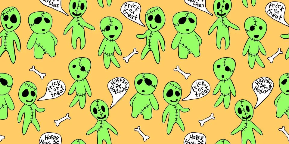 Vector seamless pattern with cute zombies in cartoon style. Outline doodle il Stock Illustration