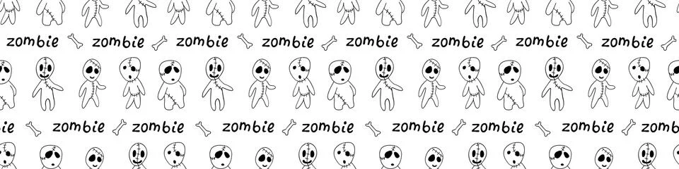 Vector seamless pattern with cute zombies in cartoon style. Outline doodle il Illustrazione stock