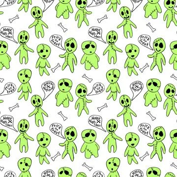 Vector seamless pattern with cute zombies in cartoon style. Outline doodle il Stock Illustration