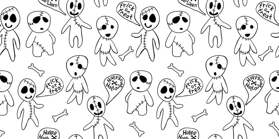 Vector seamless pattern with cute zombies in cartoon style. Outline doodle il Illustrazione stock
