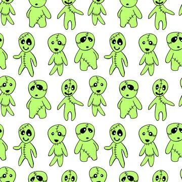 Vector seamless pattern with cute zombies in cartoon style. Outline doodle il Illustrazione stock