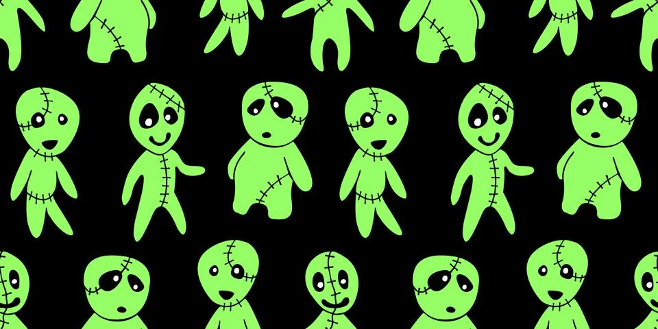 Vector seamless pattern with cute zombies in cartoon style. Outline doodle il Illustrazione stock
