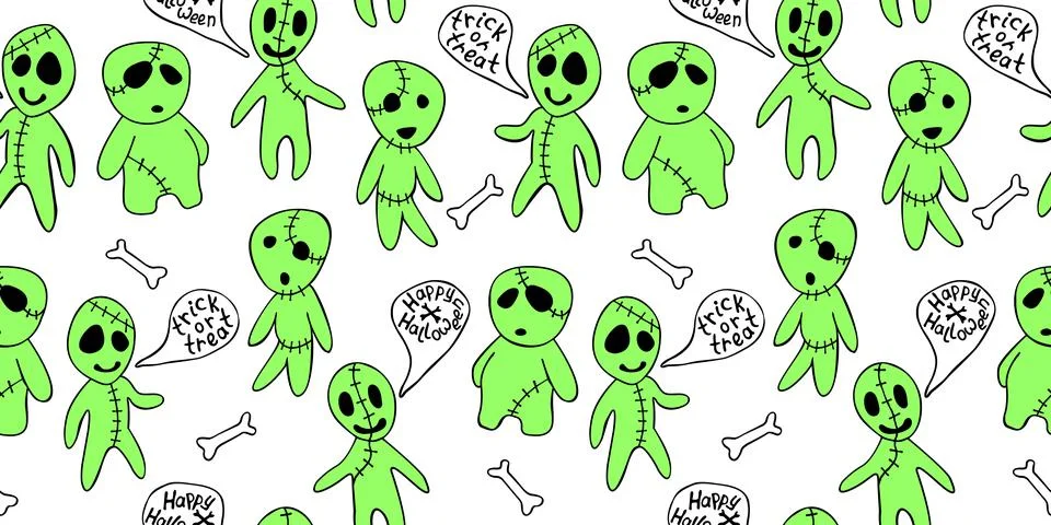 Vector seamless pattern with cute zombies in cartoon style. Outline doodle il Illustrazione stock