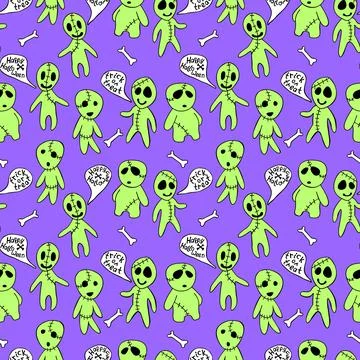 Vector seamless pattern with cute zombies in cartoon style. Outline doodle il Illustrazione stock