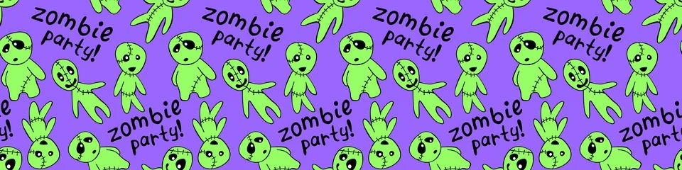 Vector seamless pattern with cute zombies in cartoon style. Outline doodle il Stock Illustration