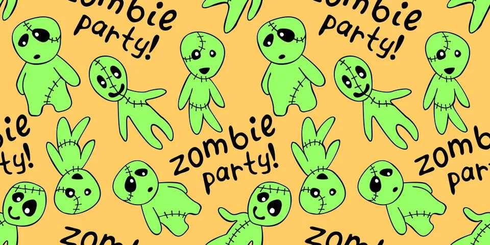 Vector seamless pattern with cute zombies in cartoon style. Outline doodle il Illustrazione stock