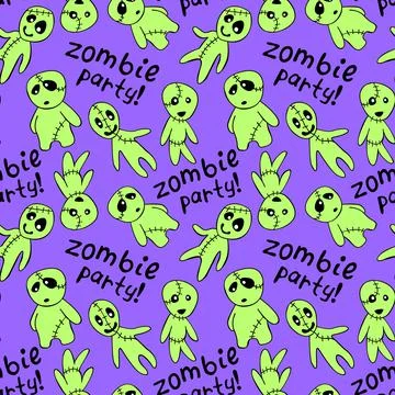 Vector seamless pattern with cute zombies in cartoon style. Outline doodle il Illustrazione stock