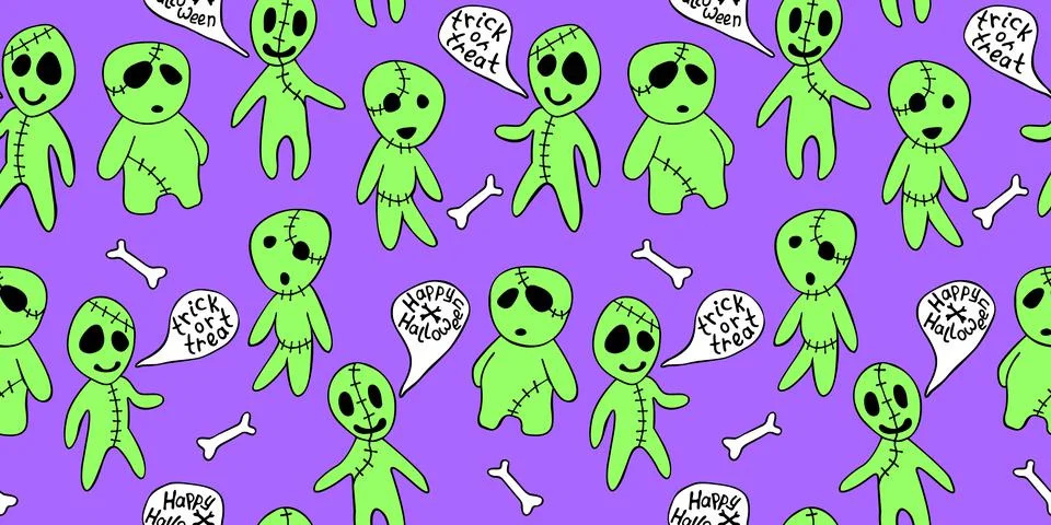 Vector seamless pattern with cute zombies in cartoon style. Outline doodle il Illustrazione stock