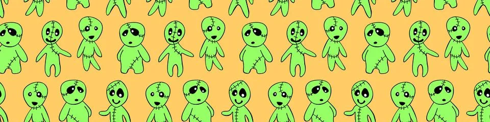 Vector seamless pattern with cute zombies in cartoon style. Outline doodle il Illustrazione stock