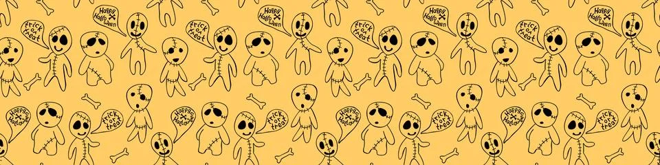 Vector seamless pattern with cute zombies in cartoon style. Outline doodle il Illustrazione stock