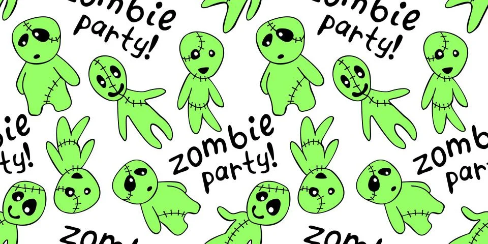 Vector seamless pattern with cute zombies in cartoon flat style. Zombie party Illustrazione stock