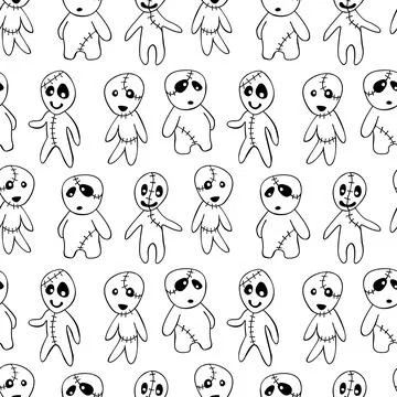 Vector seamless pattern with cute zombies in cartoon style. Outline doodle il Illustrazione stock