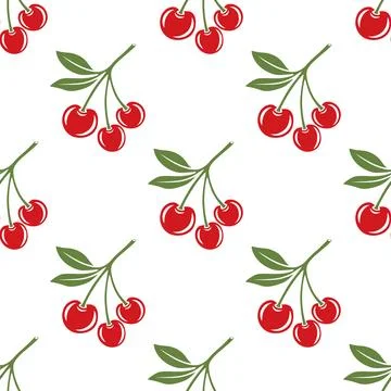 Vector Seamless Pattern with Cutout Cherry. Single, Pair of Cherries and Cluster Stock Illustration