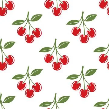 Vector Seamless Pattern with Cutout Cherry. Single, Pair of Cherries and Cluster Stock Illustration