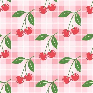 Vector Seamless Pattern with Cutout Cherry. Single, Pair of Cherries and Cluster Stock Illustration